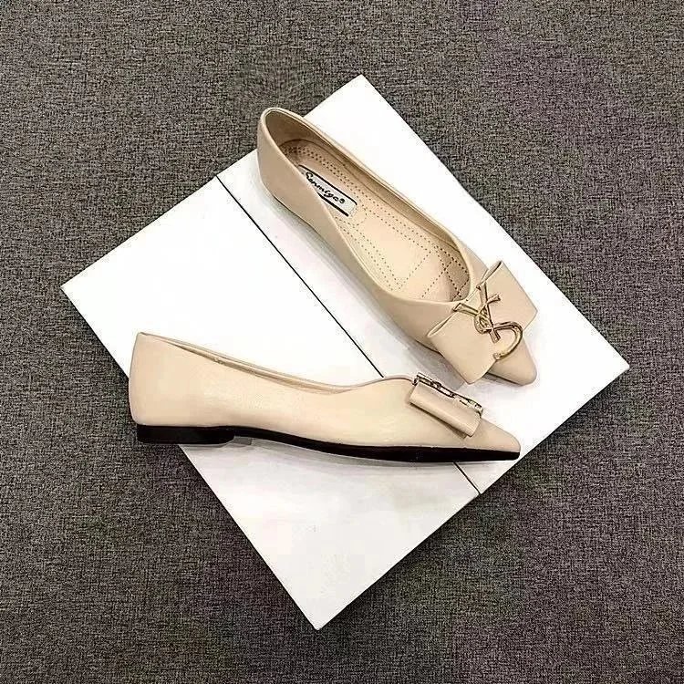 Summer Shoes for Women 2023 Luxury PU Leather Shallow Pointed Black Flats Shoes Metallic Letter
