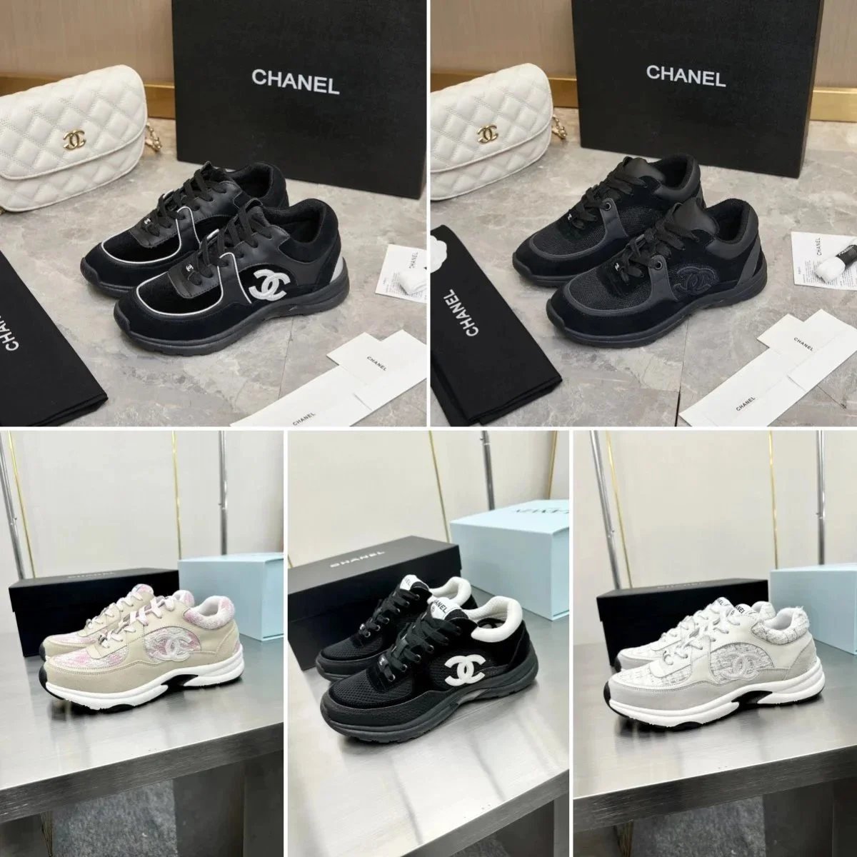 CHANEL Black and White Sneakers with CC Logo Design