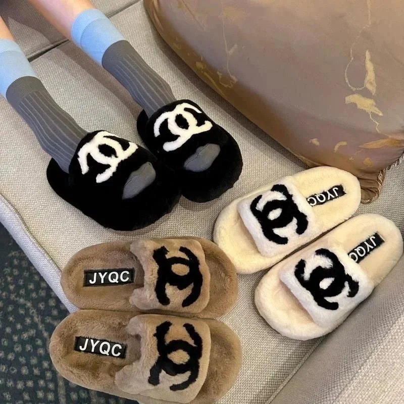 Fuzzy Logo Slides for Women Cozy Indoor Slippers Soft Plush House Shoes