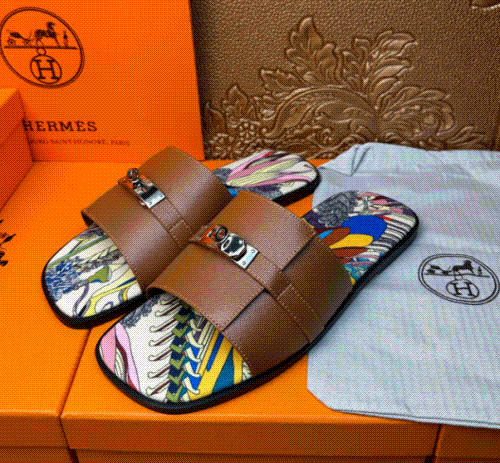 Hermes Brown Leather Slide Sandals with Colorful Print Insole