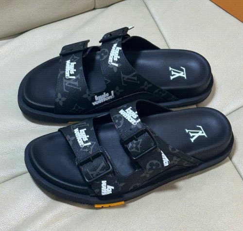 Louis Vuitton Monogram Print Black Slide Sandals for Men
