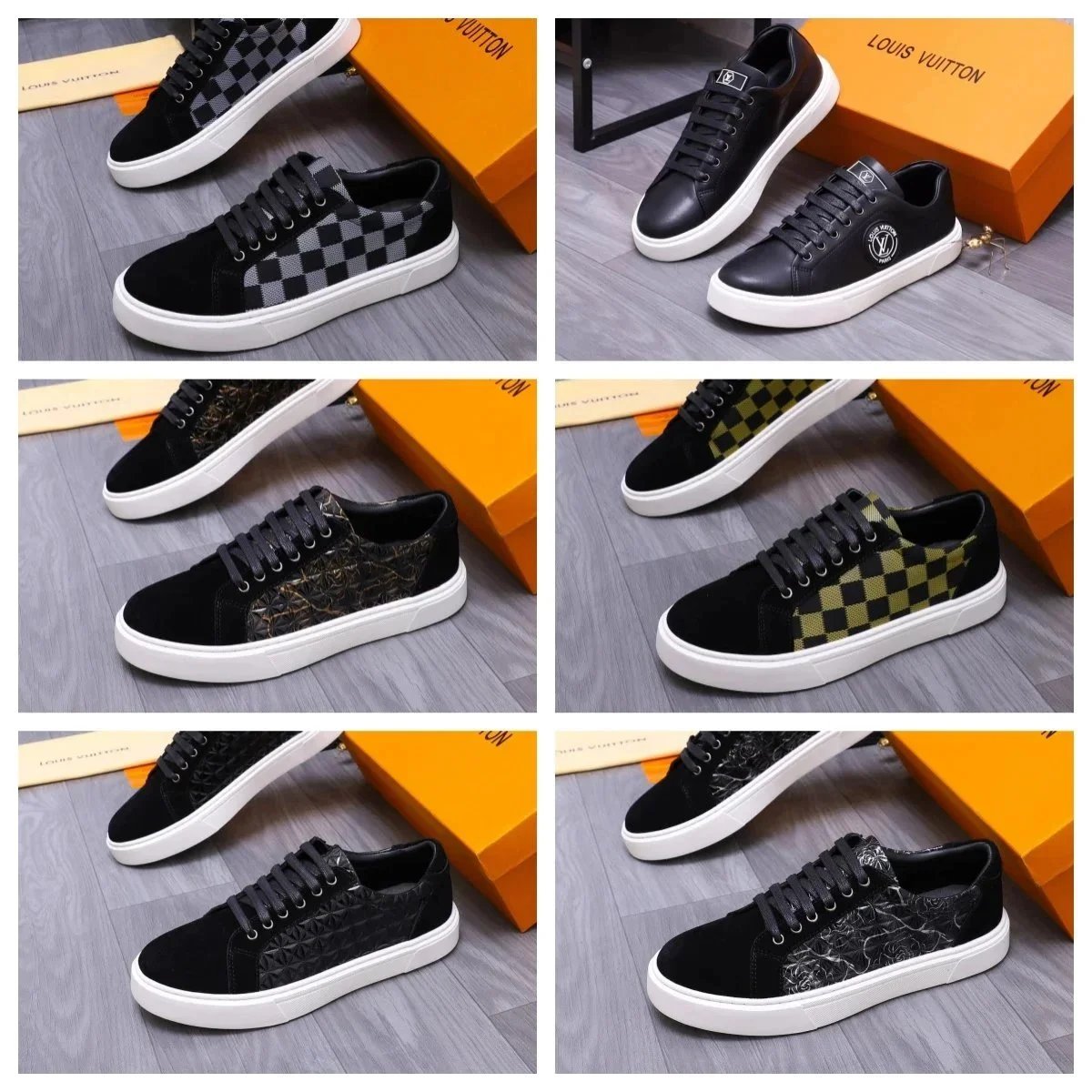 Louis Vuitton Men's Fashion Sneakers Black Checkered Design Casual Shoes